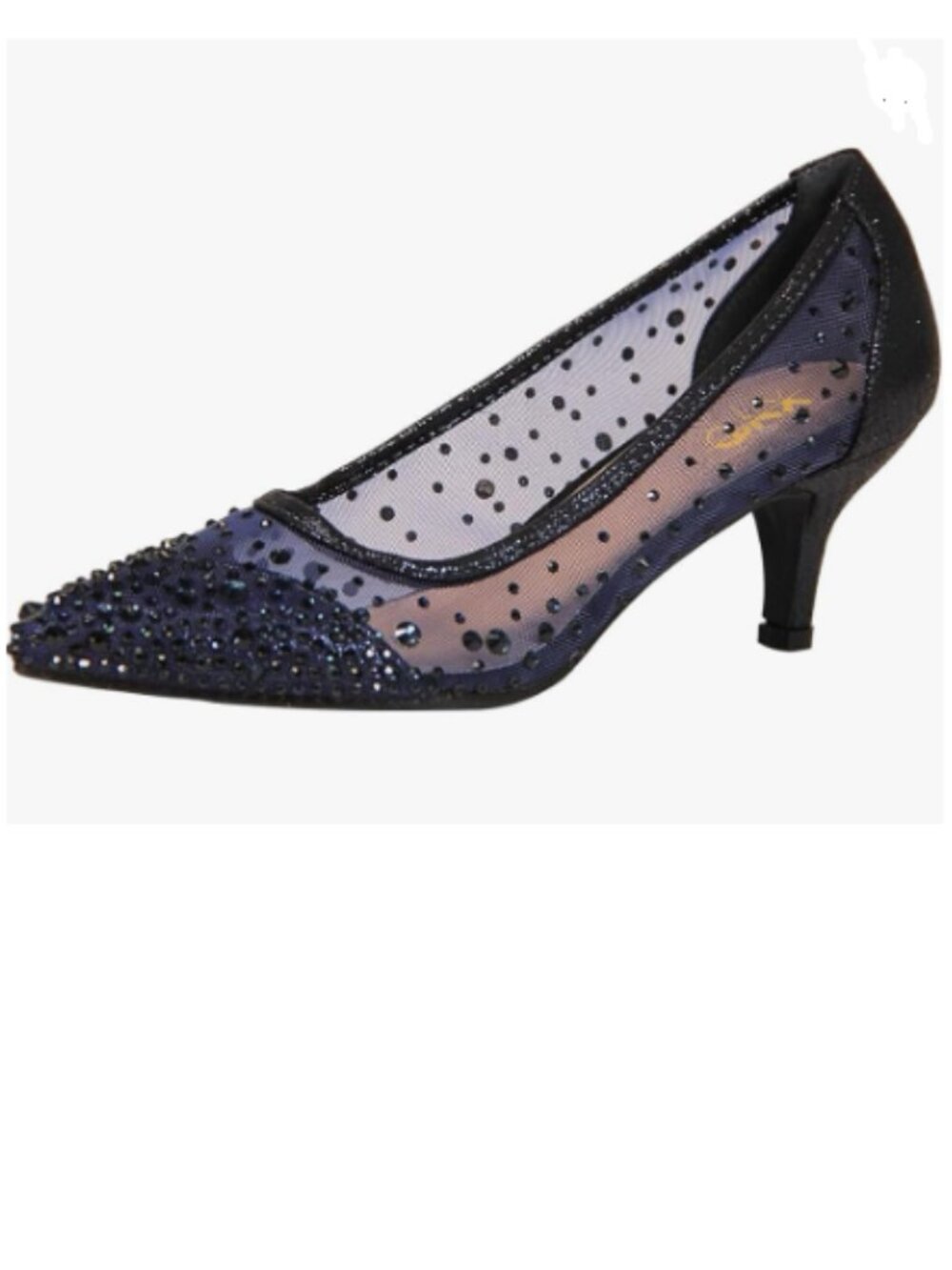 XYD Navy Pointed Toe Slip On Mesh Pumps Rhinestone Studs Comfy Kitten Heels Shoe